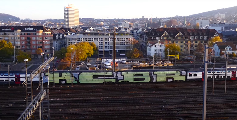 KCBR wholecar graffiti piece on a swiss train